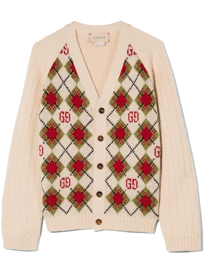 Gucci Babies' Gg Argyle Wool Cardigan In Neutrals