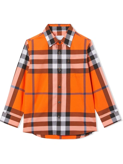 Burberry Kids' Owen Check Long Sleeve Button-up Shirt In Neon Orange