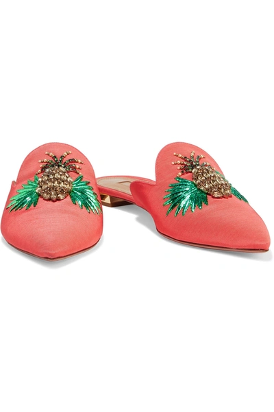 Aquazzura Embellished Faille Slippers In Papaya