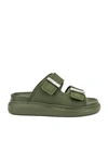 Alexander Mcqueen Fabric Upper And Rubber Slides In Khaki & Silver