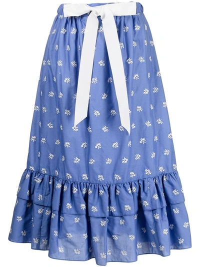 Erdem Vacation Corsica Blue Embroidered Cotton-poplin Midi Skirt In Blue And White