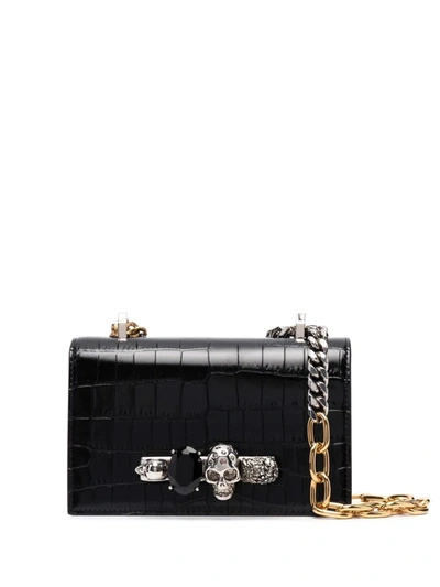 Alexander Mcqueen Skull-embroidered Crocodile-effect Crossbody Bag In Black