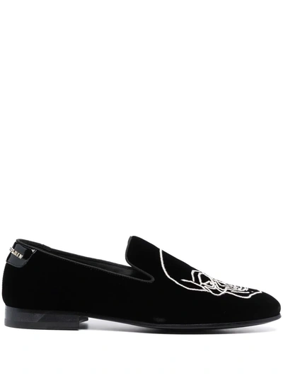 Philipp Plein Skull-embroidered Velvet Loafers In 黑色