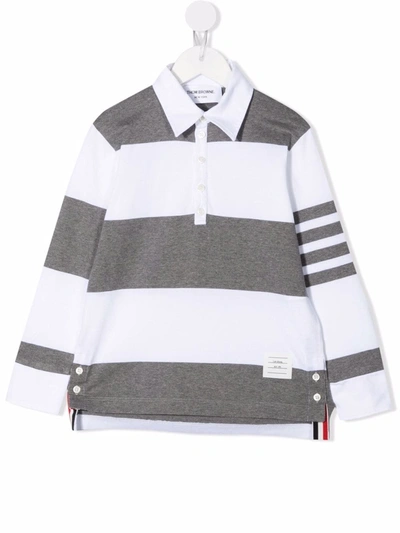 Thom Browne Kids' Rugby Stripe 4-bar Polo Shirt In White