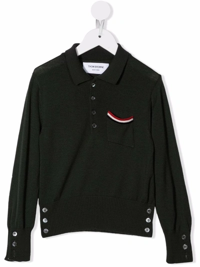 Thom Browne Kids' Long-sleeve Knitted Polo Top In Green