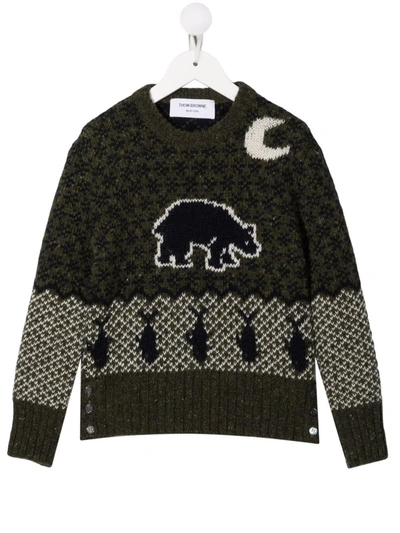 Thom Browne Kids' Intarsia-knit Fair Isle Jumper In Green