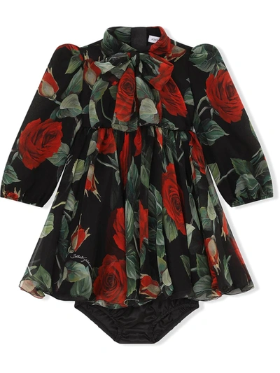 Dolce & Gabbana Babies' Long Rose-print Chiffon Dress In Multicolor