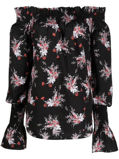 Adam Lippes Off-the-shoulder Shirred Floral-print Stretch-cotton Poplin Top In Black
