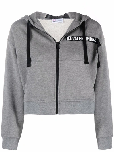 Red Valentino Logo-panel Cropped Zip-front Hoodie In Grey