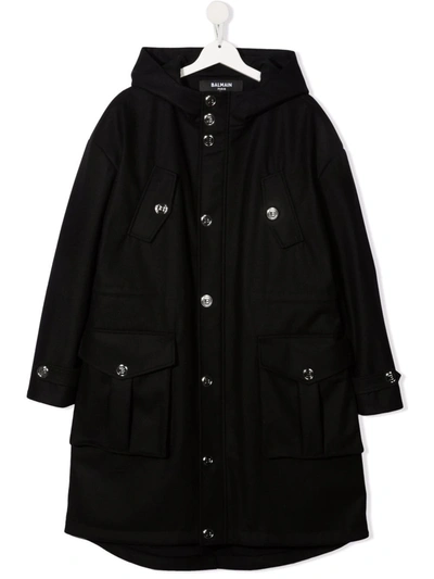 Balmain Teen Hooded Multi-pocket Coat In 黑色