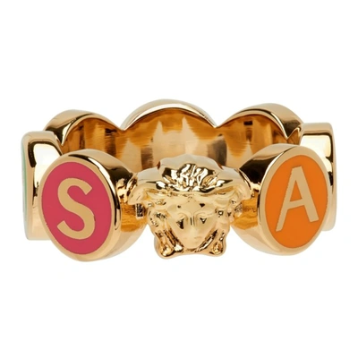 Versace Gold & Multicolor Enamel Logo Ring In 4j060 Gold/multi