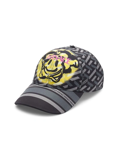 Versace Silk & Twill Monogram Baseball Cap In Black