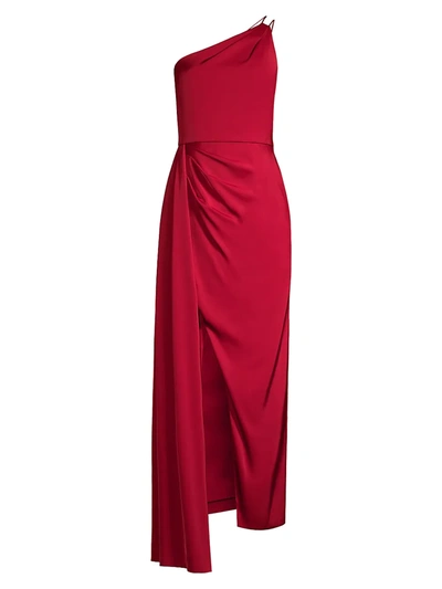 Aidan Mattox Draped Satin One-shoulder Gown In Holly Berry