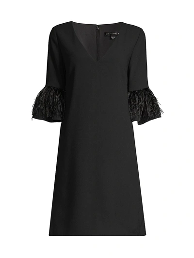 Aidan Mattox Feather-sleeve Crepe Trapeze Dress In Black