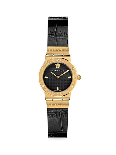 Versace Greca Logo Mini Ip Yellow Gold Leather Strap Watch In Black