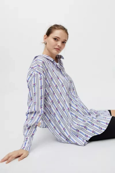 For Love & Lemons Dahlia Boyfriend Shirt Dress In Blue Multi