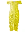 Bottega Veneta Womens Kiwi Look Ruched V-neck Velvet Midi Dress 10 In Yellow
