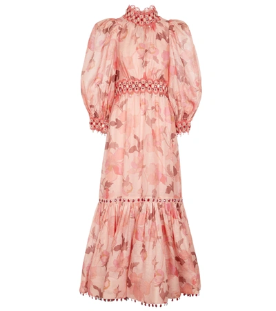 Zimmermann Concert Gathered Floral-print Linen And Silk-blend Gauze Midi Dress In Pink Peonies