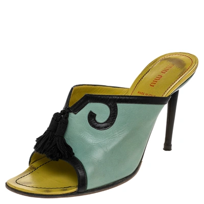 Pre-owned Miu Miu Green/black Leather Tassel Peep Toe Slide Sandals Size 38.5