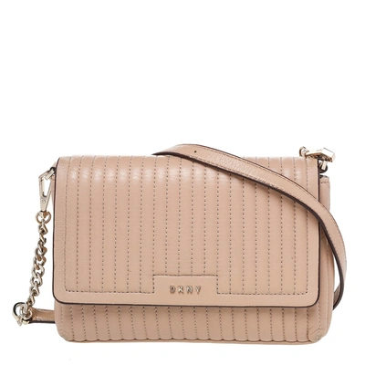 Pre-owned Dkny Beige Pinstripe Quilted Leather Gansevoort Flap Shoulder Bag