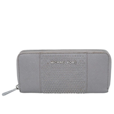 Pre-owned Michael Kors Grey Saffiano Leather Micro Stud Travel Zip Around Wallet