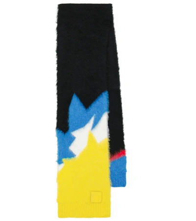 Loewe Leather-trimmed Intarsia-knit Scarf In Blue