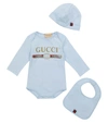 GUCCI BABY品牌标识棉质连体紧身衣、帽子与围兜套装,P00584800