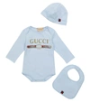 Gucci Baby Logo Cotton Bodysuit, Hat And Bib Set In Blue