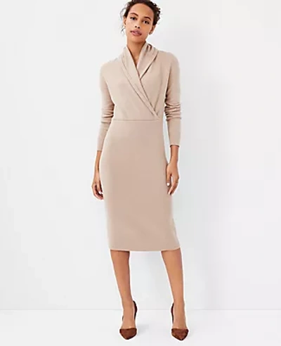 Ann Taylor Shawl Collar Wrap Sweater Dress In Featherstone Beige | ModeSens