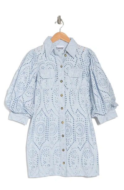 Ganni Embroidered Eyelet Puff Sleeve Mini Shirt Dress In Heather | ModeSens
