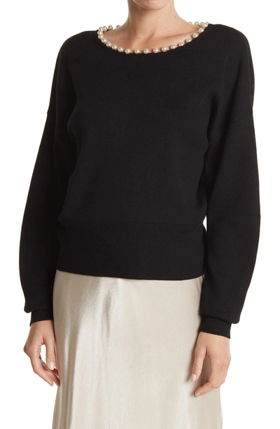 In Cashmere Pearly Bead Trim Crew Neck Dolman Crop Sweater In Black