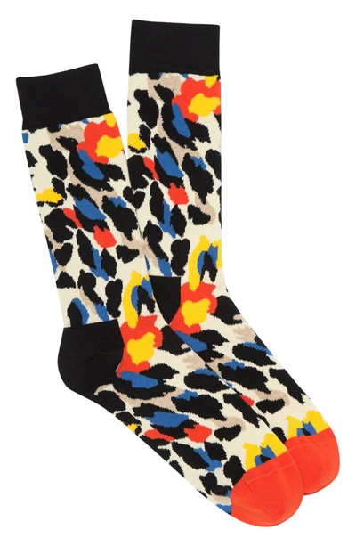 Happy Socks Leopard Print Socks In White/ Black