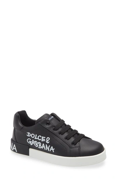 Dolce & Gabbana Kids' Logo Leather Sneakers In Black