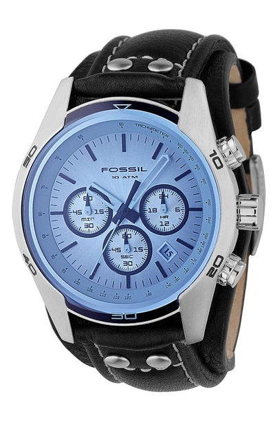 Fossil Blue Glass Chronograph Black Leather Strap Mens Watch Ch2564 In Black / Blue / Silver / Skeleton