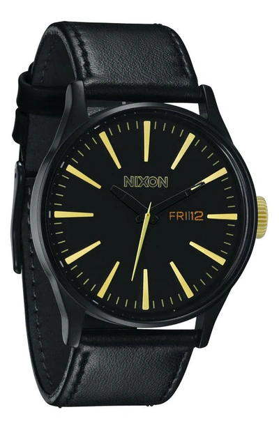 Nixon The Sentry Leather Strap Watch, 42mm In Matte Black / Gold