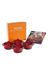 Le Creuset Four Mini Cocottes With Cookbook In Cherry