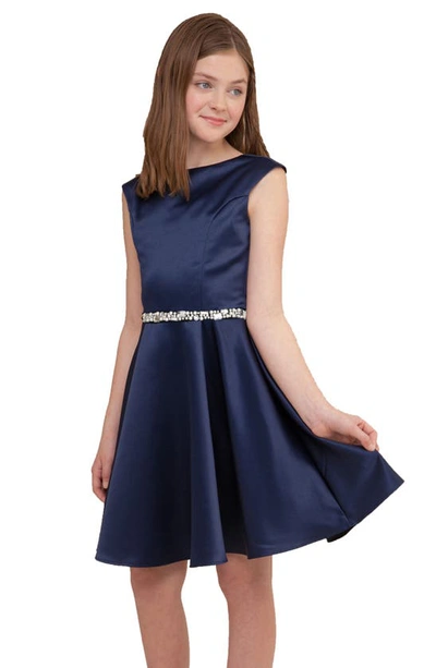 Un Deux Trois Kids' Cap Sleeve Satin Dress In Navy