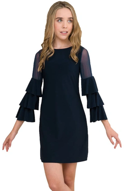 Un Deux Trois Kids' Girl's Tiered Sleeve Sheath Dress In Navy