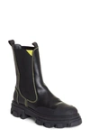 Ganni Calf Leather Mid Chelsea Boot In Black/yellow