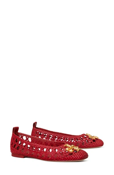 Tory Burch Eleanor Embellished Woven Leather Ballet Flats In Red