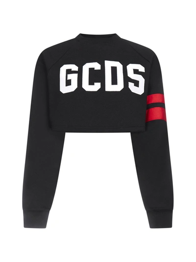 Gcds Black Cropped Cotton Sweatshirt With Logo
