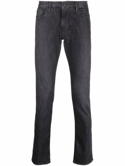 Emporio Armani Faded Stretch-cotton Jeans With Logo Patch In Black