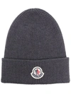 MONCLER LOGO-PATCH KNITTED BEANIE HAT