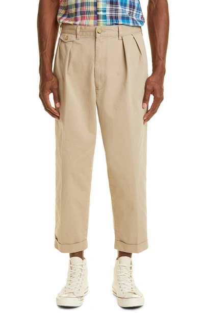 Beams Neutrals Pleated Cotton Trousers In Khaki