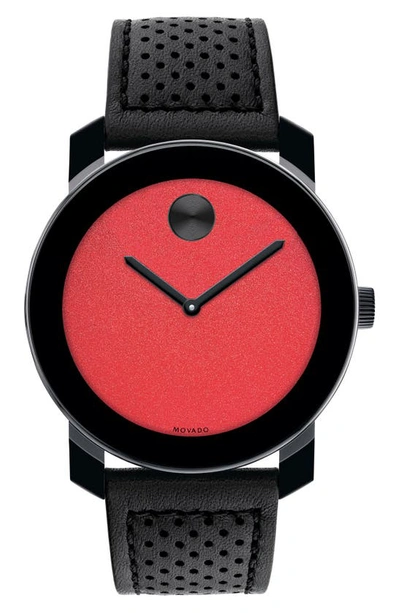 Movado Bold Tr90 Leather Strap Watch, 42mm In Red/black