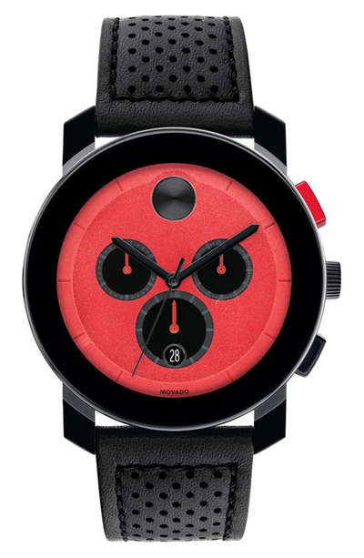 Movado Bold Tr90 Chronograph Leather Strap Watch, 43.5mm In Red/black