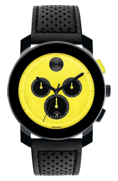 Movado Bold Tr90 Chronograph Leather Strap Watch, 43.5mm In Yellow/black