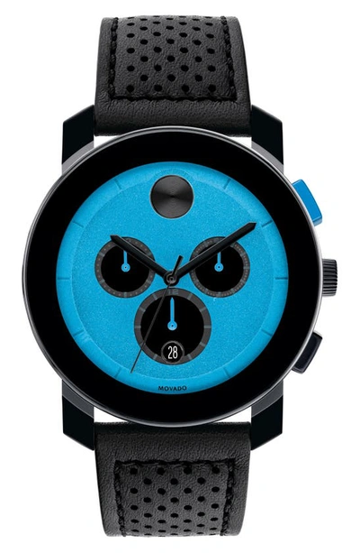 Movado Bold Tr90 Chronograph Leather Strap Watch, 43.5mm In Blue/black