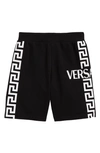 Versace Teen Greca-logo Cotton Track Shorts In Black