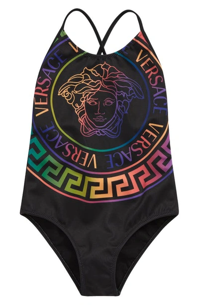 Versace Kids' Little Girl's & Girl's Holographic Barocco One-piece Swimsuit In Black